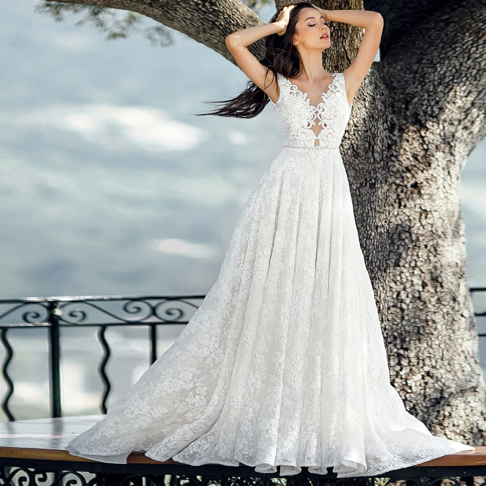 

2021 V-Neck Wedding Dresses A-Line Appliques Lace Off Shoulder Sleeveless Luxury Sequined Bride Gowns