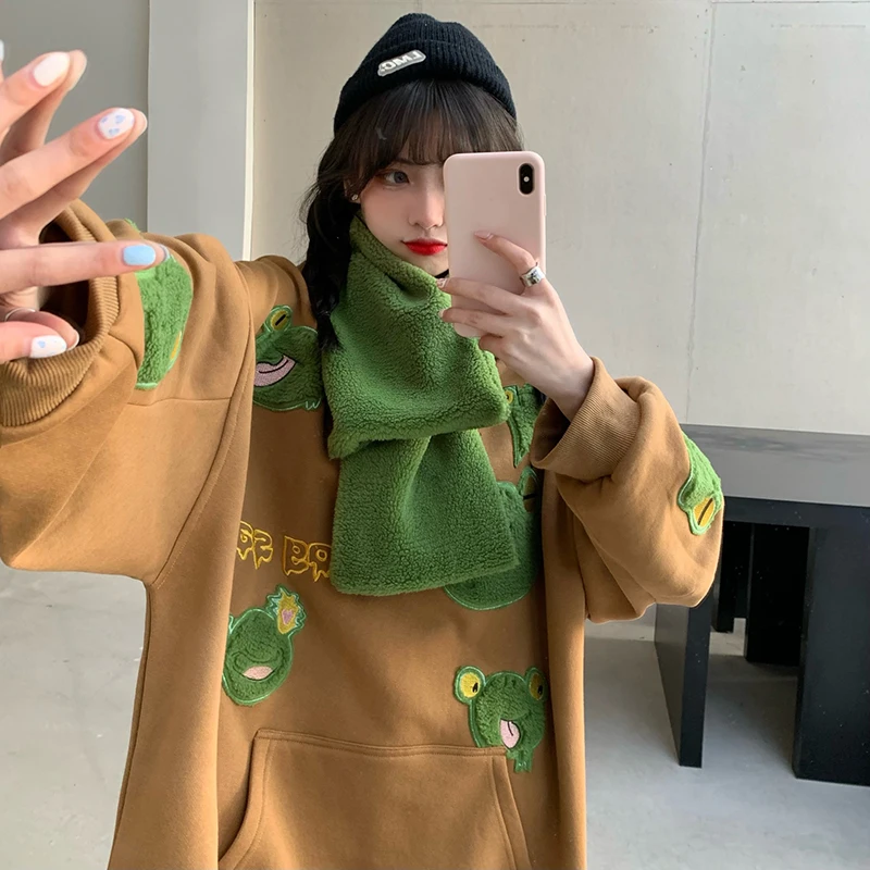 

Женский свитшот с шарфом, Свободный пуловер с рисунком лягушки, Модный повседневный свитшот большого размера с длинным рукавом, d88