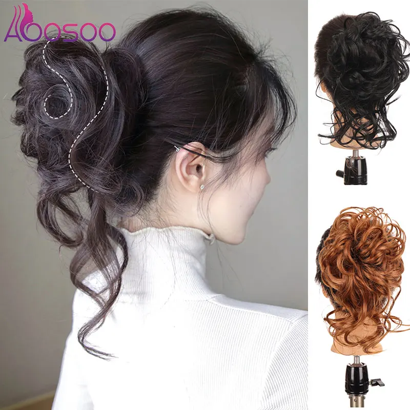 

AOOSOO Synthetic Messy Curly Hair Bag Fluffy Natural Chestnut Brown Bun Elastic Band Wig Tied to a Lady's Ponytail