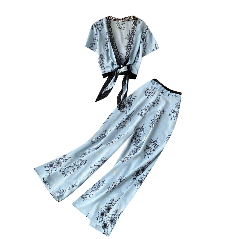 

Summer suit two-piece vacation beach pants sets printed deep V neck tie top with high waist wide leg pants two piece outfits