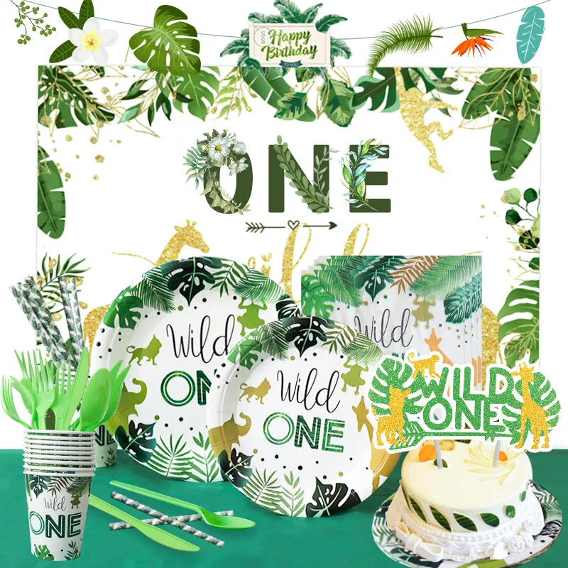 

Wild One Happy Birthday Party Jungle Animals Safari 1st Baby Shower Boys Girls Zoo Monkey Tableware Forest Decorations Banner