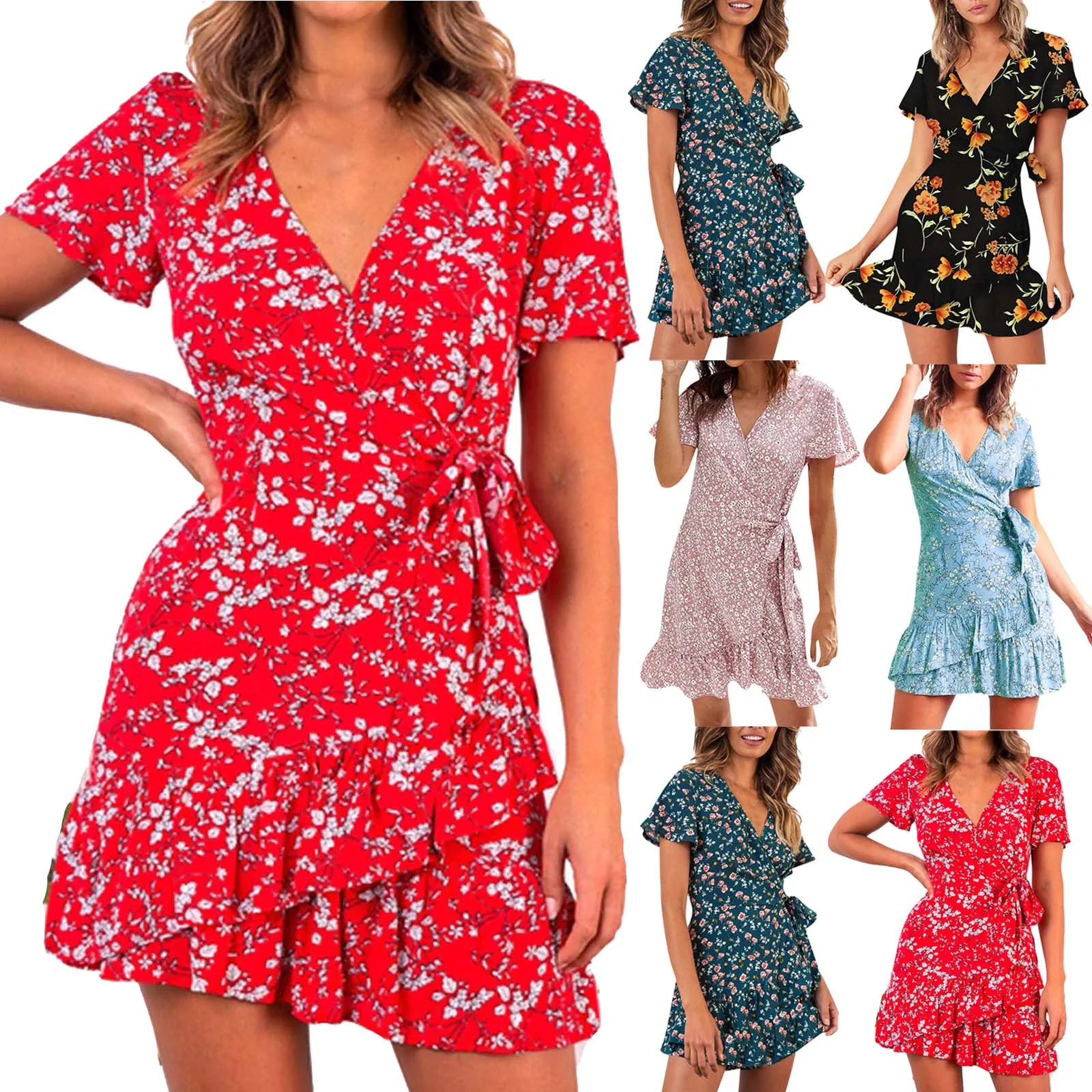 

Женское платье с коротким рукавом, V-образным вырезом и бабочками, на шнуровке, с рюшами, с богемной талией и большое, Пляжное, для свинга, для ...