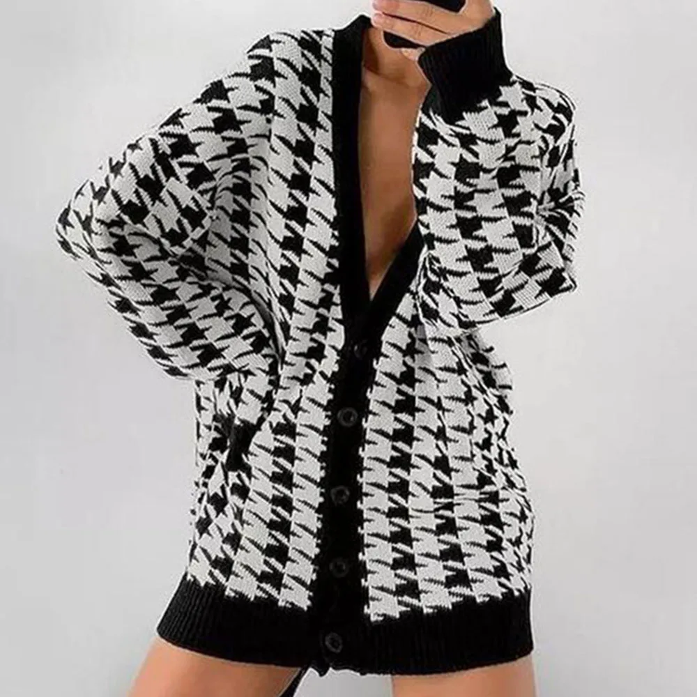 

Women's Fall New Sweater Cardigan Casual Simple Fashion British Style Single-breasted Houndstooth Loose Slim Long Sleeve Top