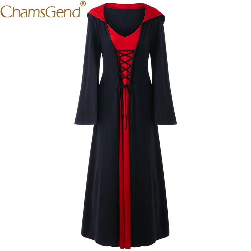 Женское готическое платье с капюшоном длинное перекрестной шнуровкой костюм для