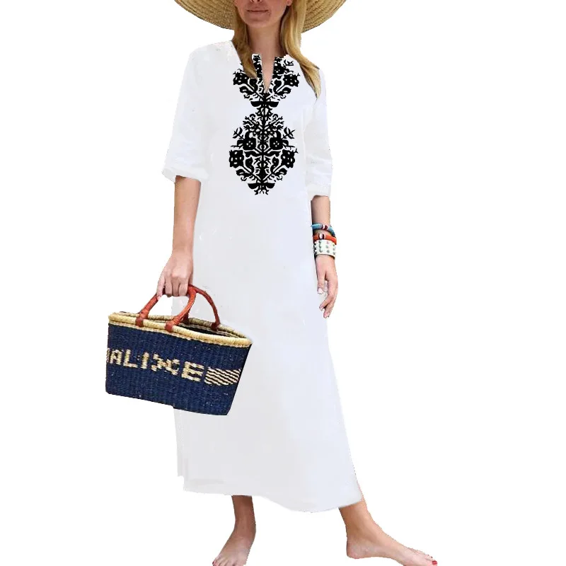 

European and American fashion hot style high-quality sexy V-neck print mid-length bohemian cotton and linen dress elegant