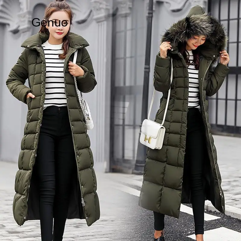 Fashion Winter Jacket Women Big Fur Belt Hooded Thick Down Parkas X-Long Female Jacket Coat Slim Warm Winter Outwear
