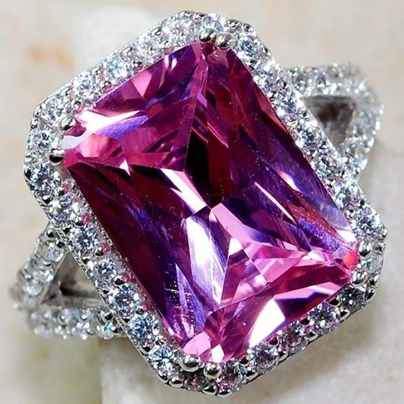 

Plated Square Pink Large Glass Filled Rings for Women Romantic Engagement Anniversary Classic Wedding Ring Jewelry Gifts