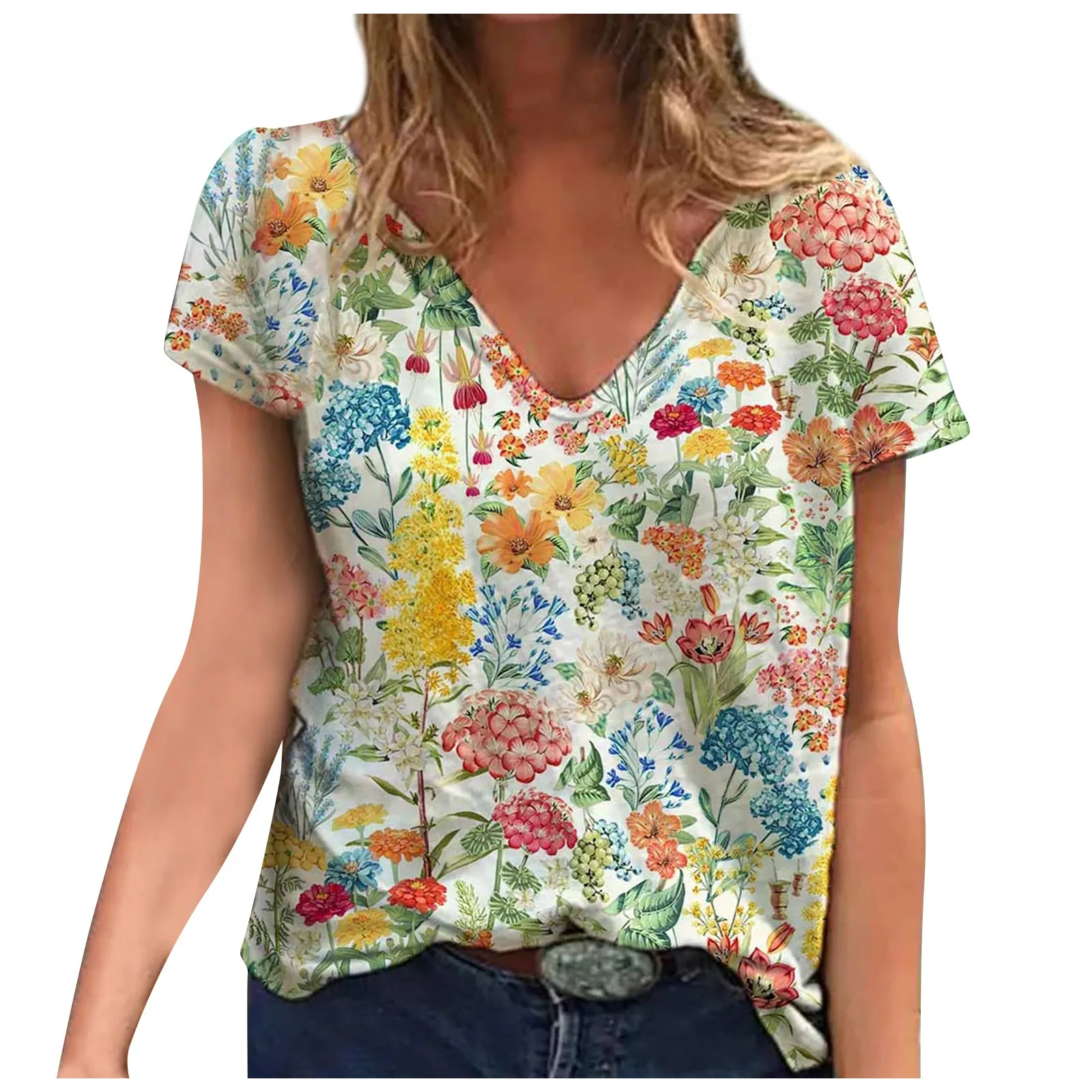 

T Shirt Women Harajuku Tops Women's Fashion Casual Plus Size Scenic Flowers Printing V-Neck T-Shirt Tops Топ Camisetas Mujer