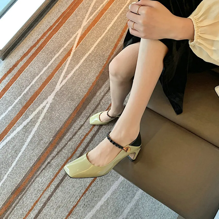

QUTAA 2021 Square High Heels Cow Patent Leather Spring Summer Women Shoes Fashion Square Toe Mixed Color Female Pumps Size 34-39