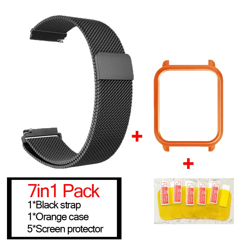black-orange 7в1 для Xiaomi Huami Amazfit ремешок bip браслет из Миланского нержавеющей стали Smartwatch Браслет Amazfit bip защитный чехол для экрана - Цвет: black-orange