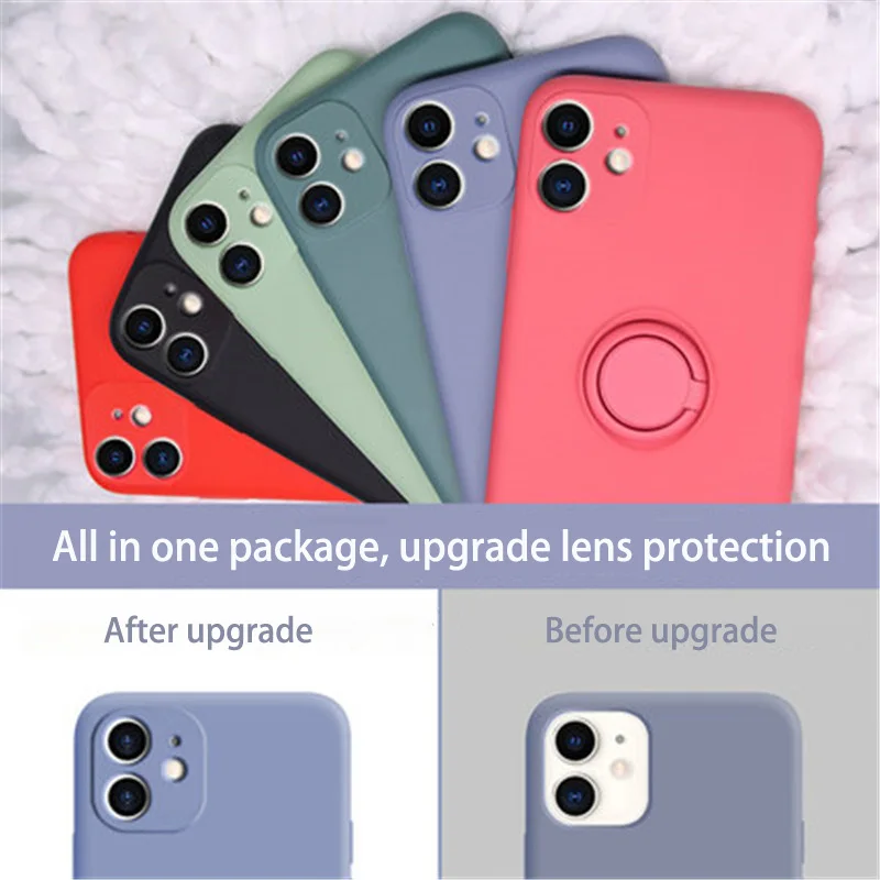 Защитный чехол для объектива iPhone SE 2020 из жидкого силикона с кольцом держателем 11