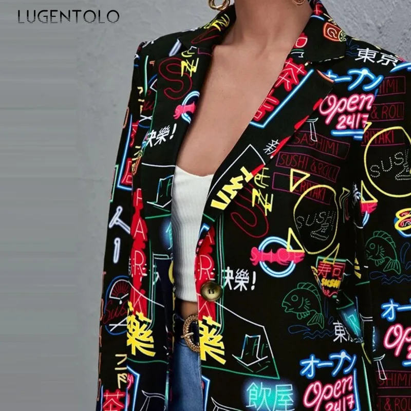 

Lugentolo Elegant Blazer Women Fashion Thin Spring Suits Single Button Female Casual Print Street Long Sleeve Slim Blazers