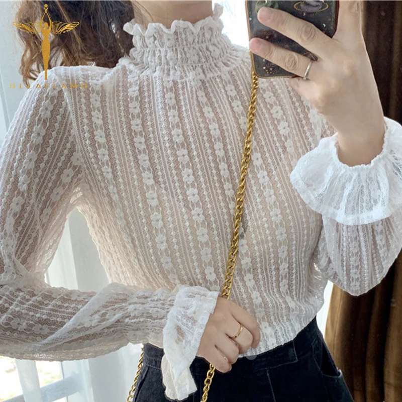 

Turtleneck Ruffle Long Sleeve Women's t Shirt Korean Lace Stitching See-Through Mesh Loose T-Shirt White Cotton Printed Tshirt