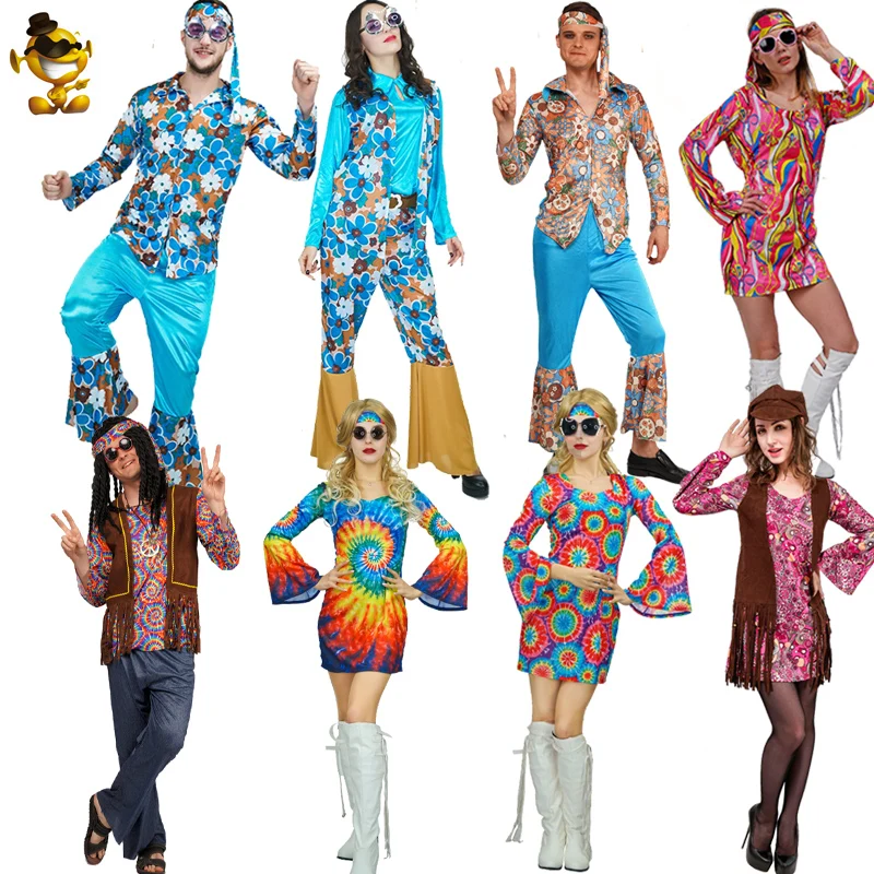 

Halloween Adult Couple 60's 70's Hippie Costumes Role Play Flower Hippy Cosplay Women and Men Disco Costume for Purim Party