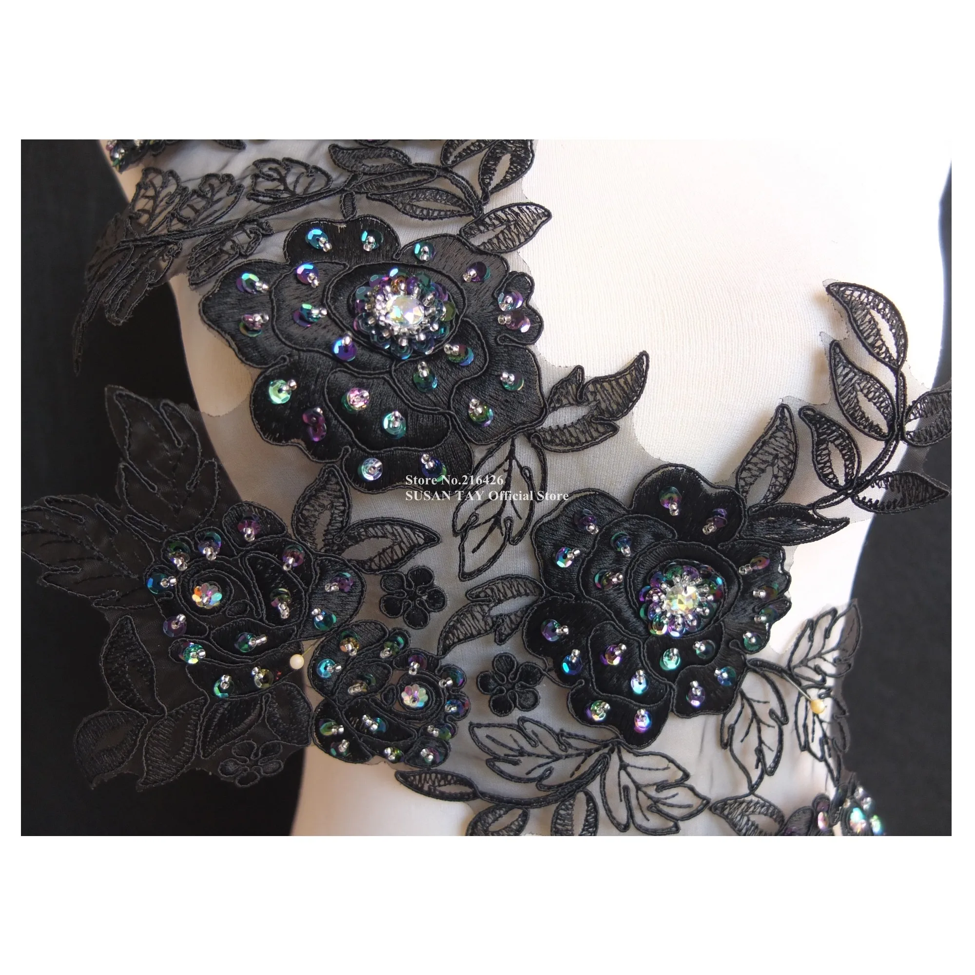 1 шт. х Новая длинная ручная работа черная вышито бисером с блестками 3D цветок