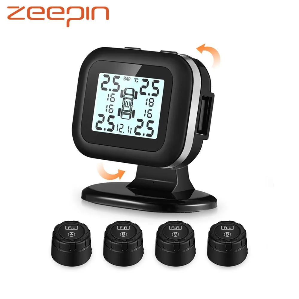 ZEEPIN C120 автомобильная система контроля давления в шинах Универсальный USB TPMS в реальном времени с 4 внешними датчиками регулируемый угол