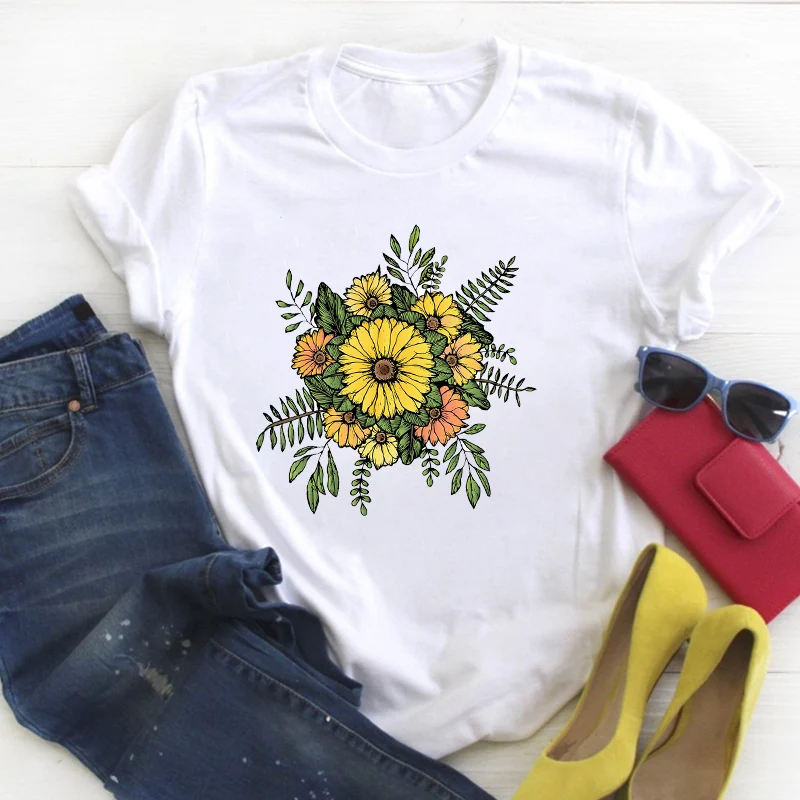 

Women Flower Floral Simple Print Short Sleeve Ladies Summer T Tee Female Top Shirt Clothes Tshirt Womens Graphic T-shirt