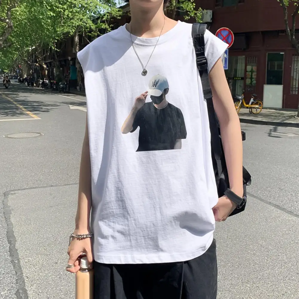 Мужская дышащая свободная футболка без рукавов с круглым вырезом повседневный