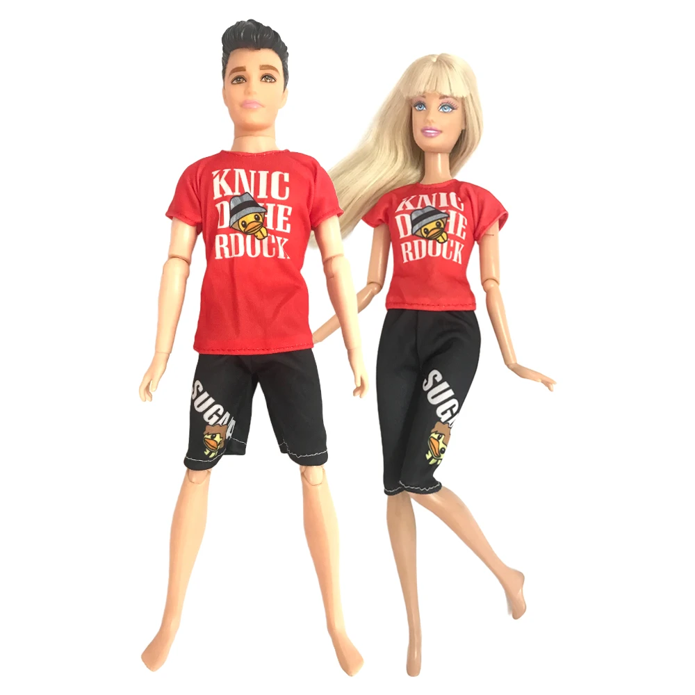 NK 2 шт./компл. Одежда для кукол пары с милым принтом красная рубашка черные шорты