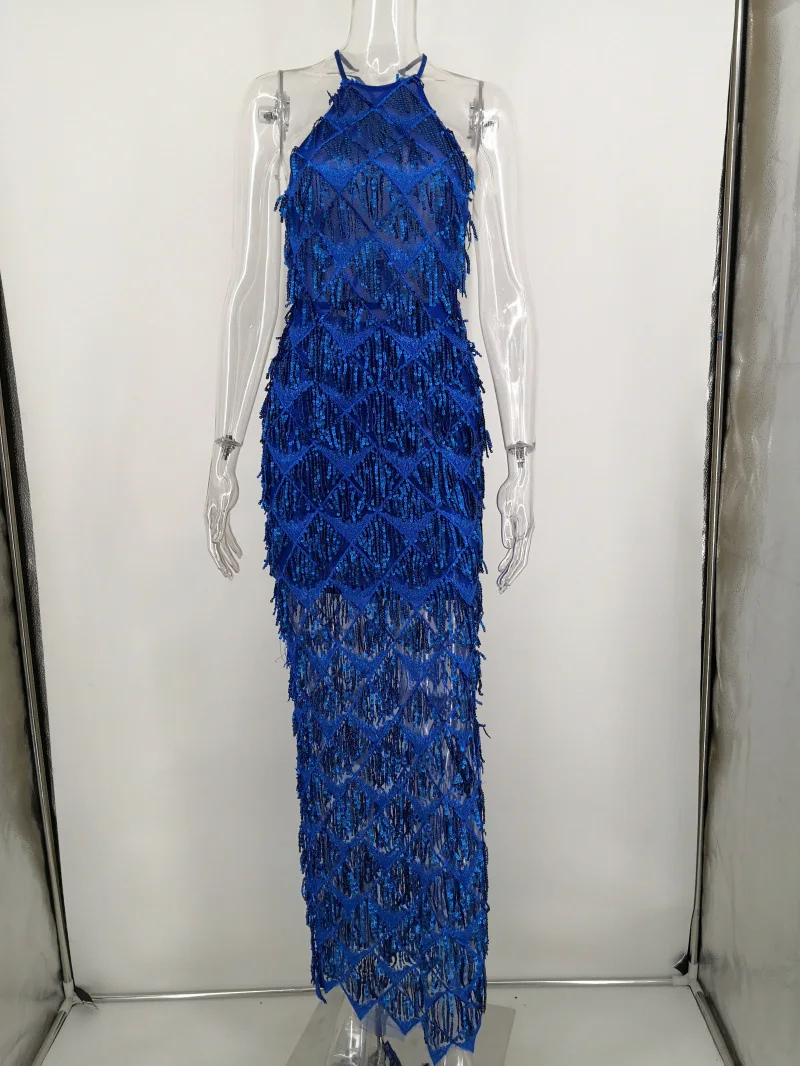 

2021 Ladies Party Long Dress Sexy Halter Halter Neck Fringed Sequin Dress Multicolor Independent Clothing Nightgown Chic Female