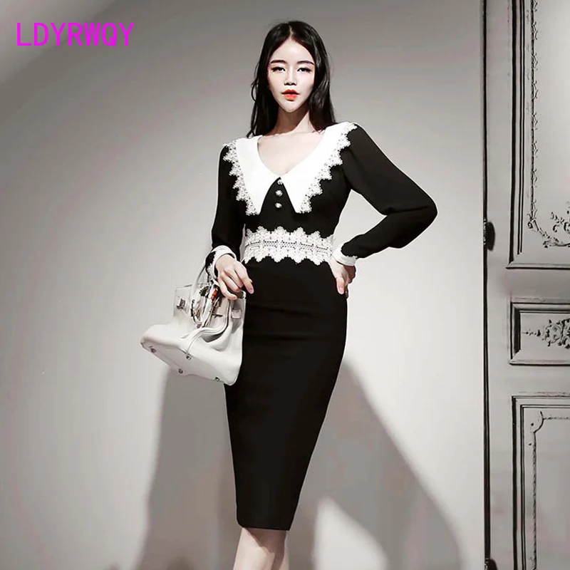 

2020 new women's mid-length V-neck waist was thin package hip dress Patchwork Sheath Office Lady Lace