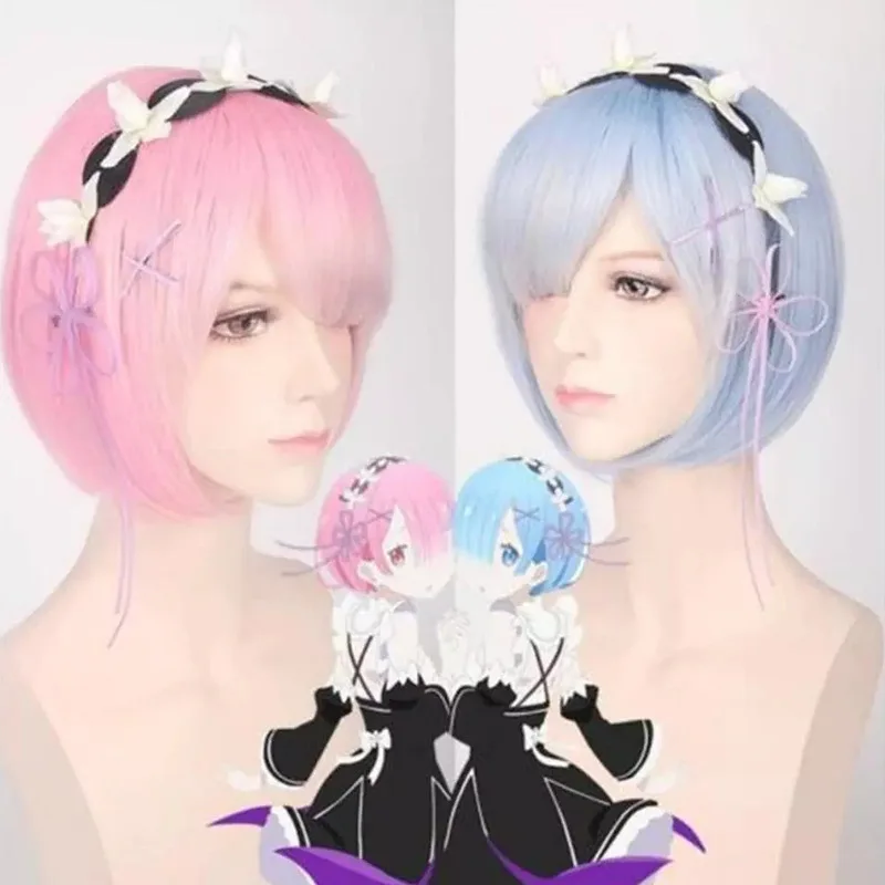 2 Styles Japanese Anime Costumes Cosplay Re:Life In A Different World From Zero Rem Ram Blue Pink Wigs Wig Cup Halloween