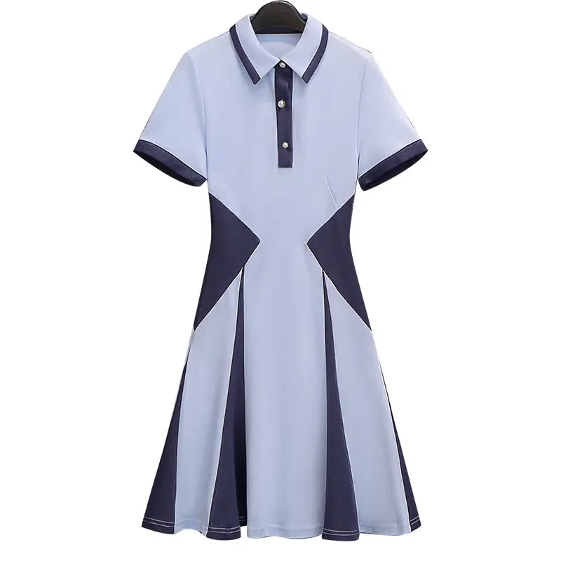 

EHQAXIN Fashion Contrasting Color Women's Dresses Lapel Buttons Long Dress New Short-Sleeve Sweet Slim Fit For Ladies M-4XL