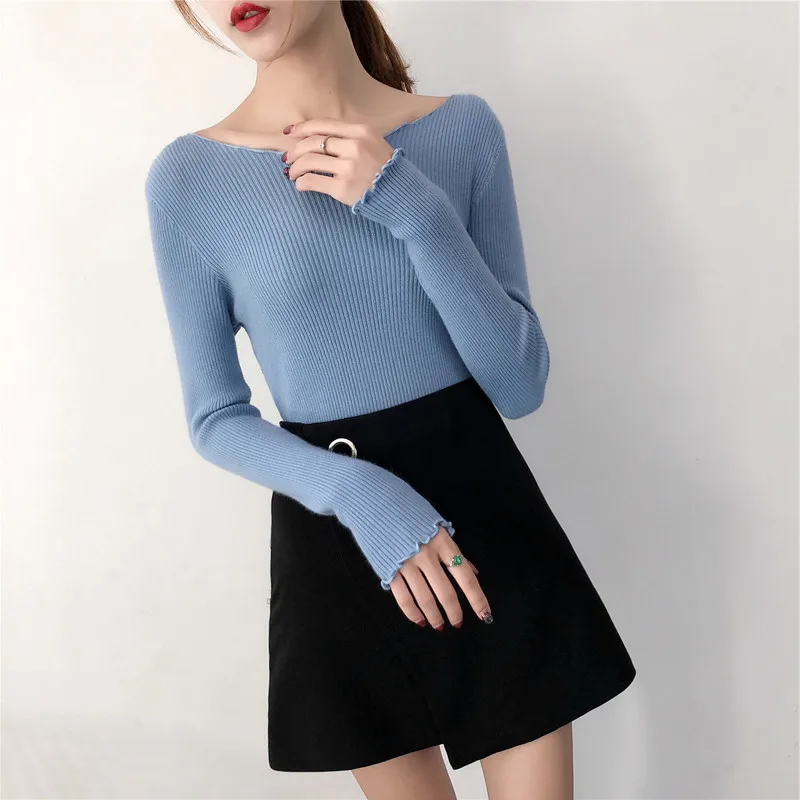 

2021 Pullover Solid Sweaters Women Spring Womens Knitted Slim Sweater Long Sleeve Autumn Winter Butterfly Neck Sweater Female