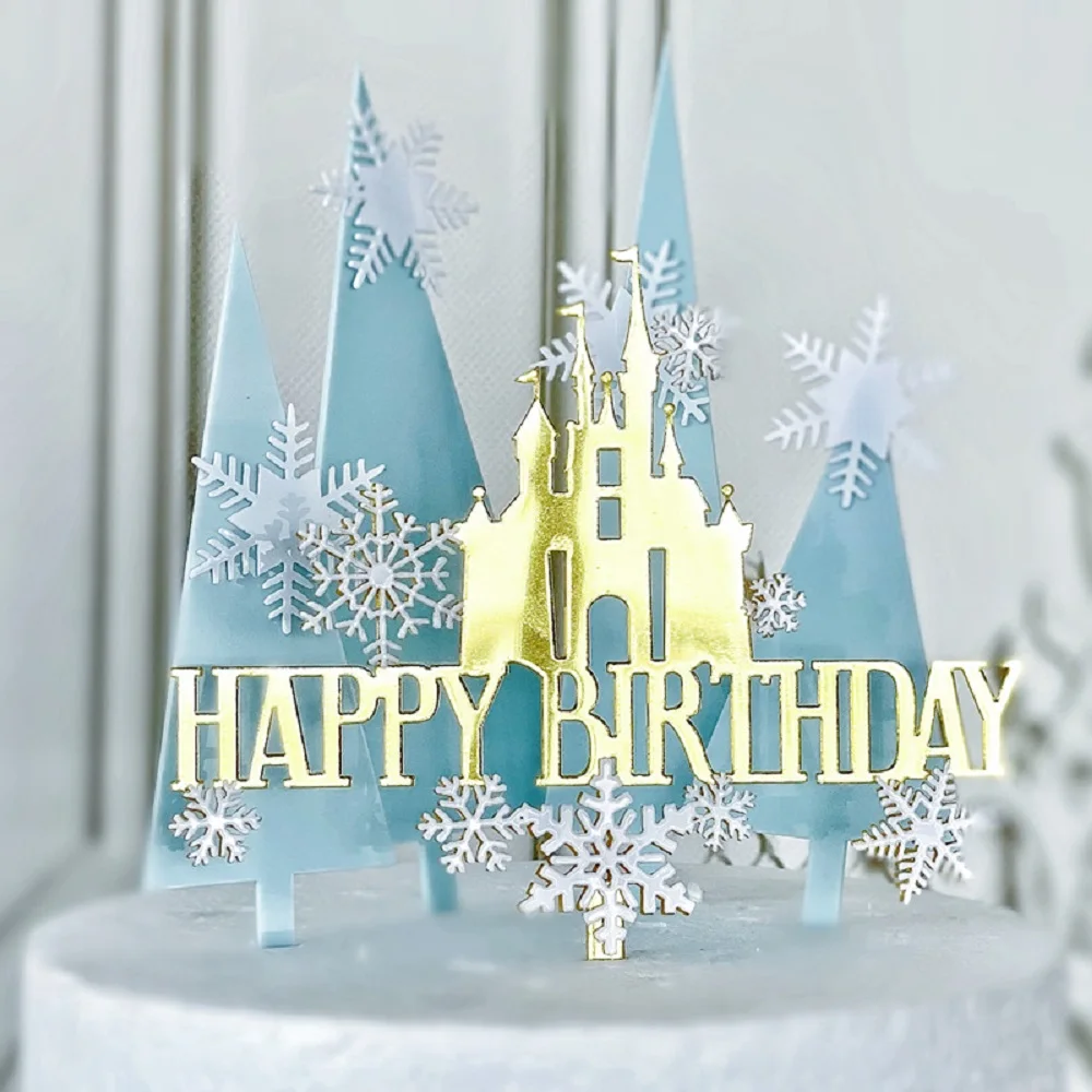 

Merry Christmas Shiny Gold Baking Cake Toppers Decorations Snowflake Castle Tree Cupcake Plug-in Double Acrylic New Year Gifts