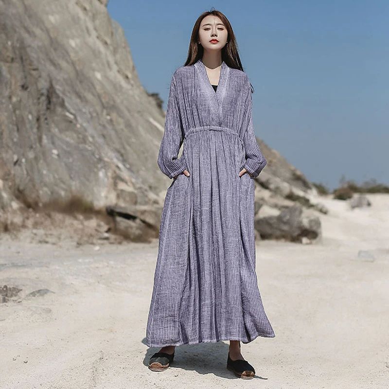 Женское винтажное платье с высокой талией Johnature однотонные халаты V образным