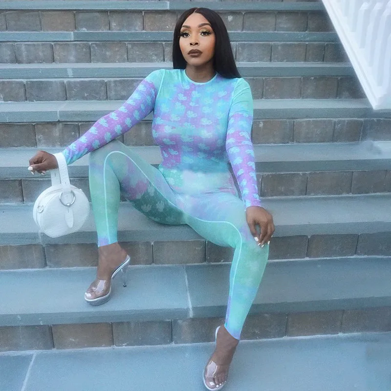 

Tie Dyeing Floral Print Jumpsuit Rompers 2020 Sexy Women Turtleneck Long Sleeve Long Pants Trousers One-pieces Bodycon Jumpsuit