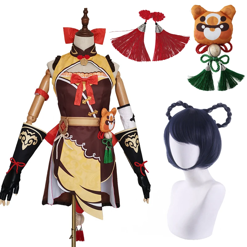 Game Genshin Impact Cosplay Costume Xiangling Cute Women/girl Cosplay Wigs Dress Set Anime Halloween Party Outfit Uniform Gift