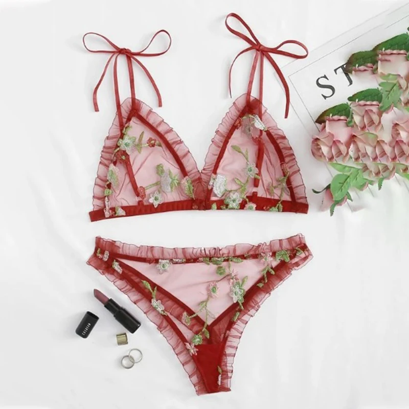 

Комплект нижнего белья, сексуальное нижнее белье, Женская Экзотическая одежда, сетчатый прозрачный кружевной вышитый бант на бретельках, м...