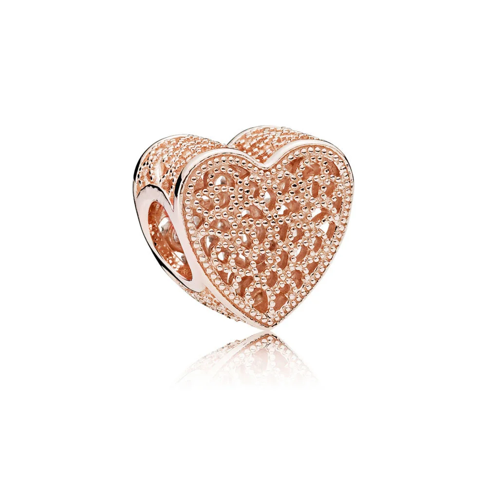 

925 Sterling Silver Rose Gold Full Crystal Love Heart Charms Beads For Women Pandora Bracelets