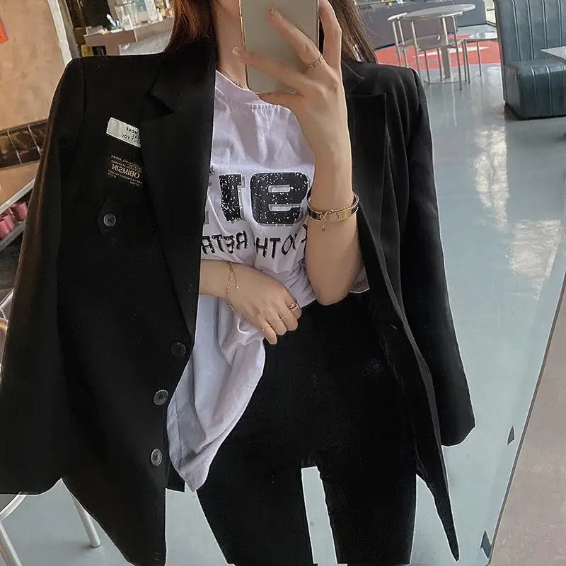 

2021 Real shot new Korean spring temperament medium length coat loose British style casual suit women