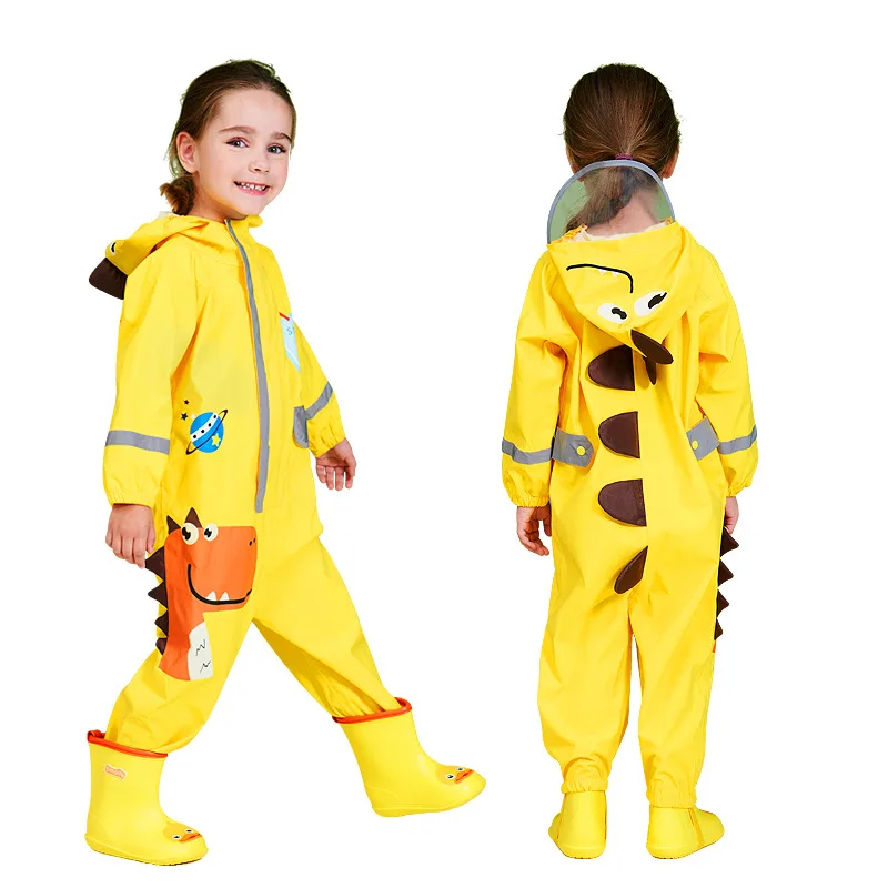 

1-9 Years Old Cartoon Dinosaur Waterproof Jumpsuit Raincoat Hooded Kids One-Piece Rain Coat Tour Children Rain Gear Suit