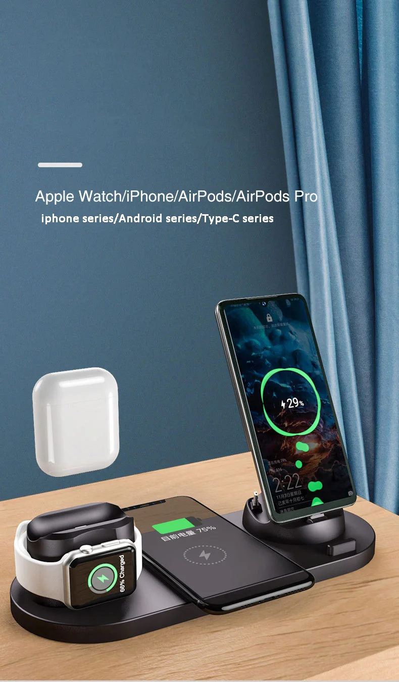 

10W Qi Fast Wireless Charger Stand For iPhone 11 XR X 8 Apple Watch 6 in 1 Foldable Charging Dock Station for Airpods Pro iWatch
