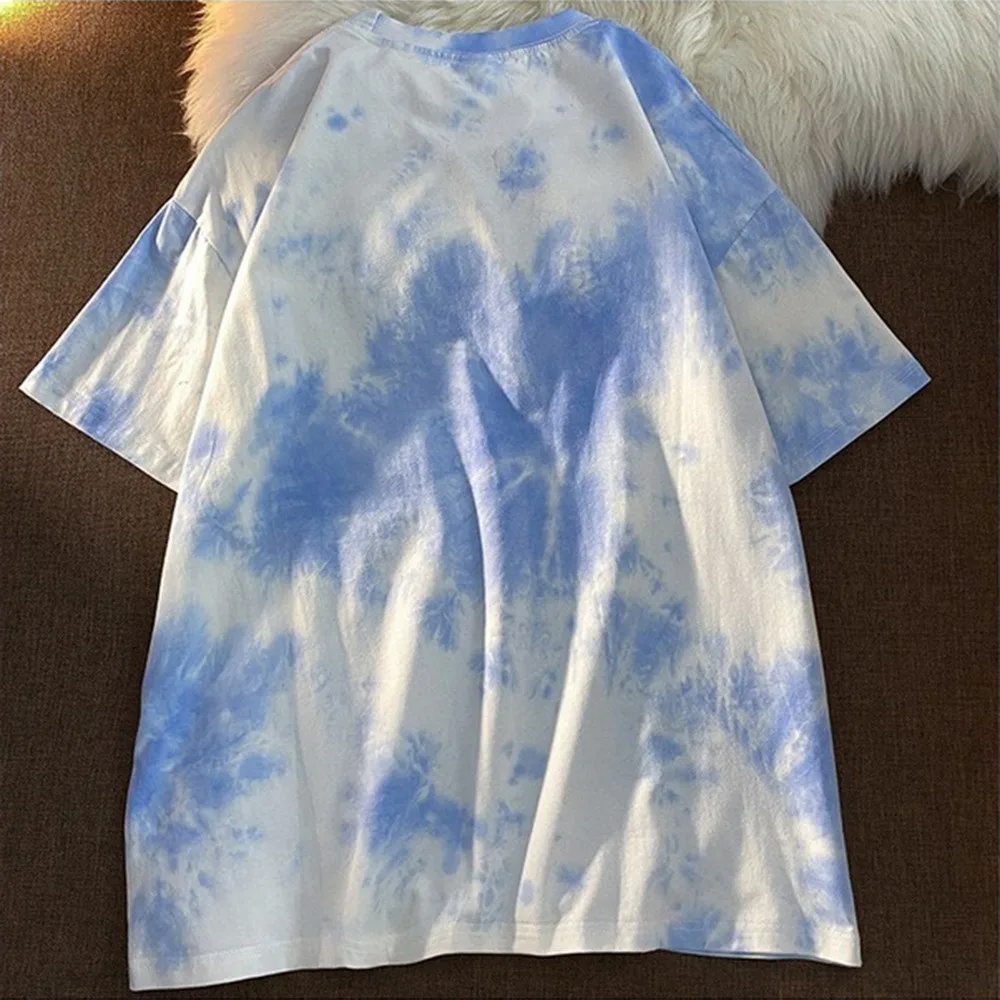

100% Cotton Cute Bear Tshirt Streetwear Summer Oversize T Shirt Women Harajuku Short Sleeves Tops Tee Hip Hop Tie Dyed Tshirt