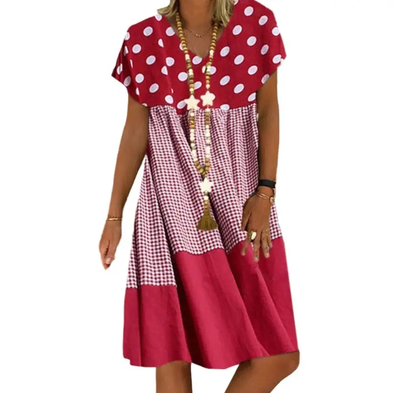 

Women Short Sleeves V-Neck Loose Midi Dress Plaid Polka Dot Patchwork Sundress D08E