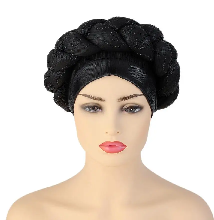 

Auto Gele Headtie Women Turban Cap With Braids Muslim Head Scarf Bonnet Ladies Head Wraps Diamonds Turbante Mujer