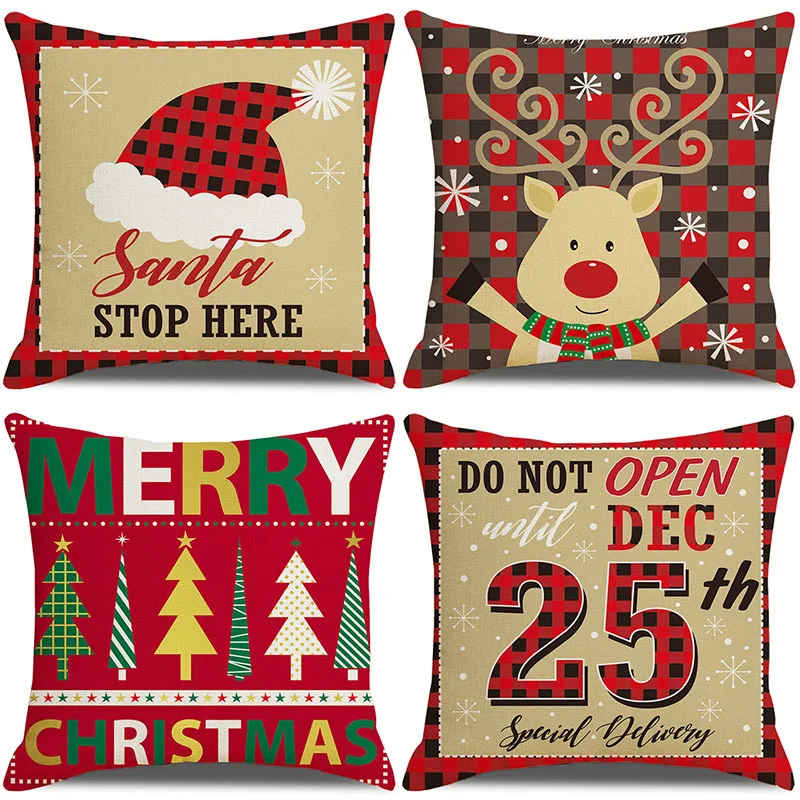

Christmas Cushion Cover 18x18 Inch Red Merry Christmas Printed Farmhouse Decorative Buffalo Check Linen Pillowcase