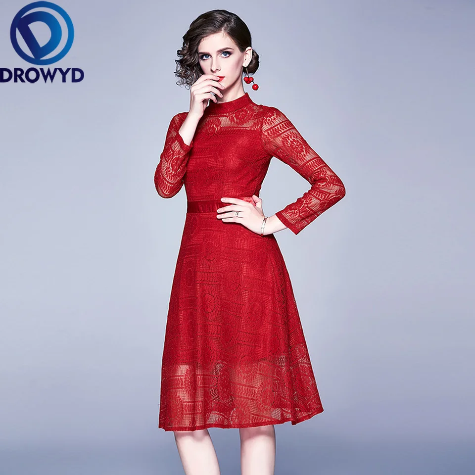 Винтажное кружевное платье миди DROWYD женское модное Повседневное бордового цвета