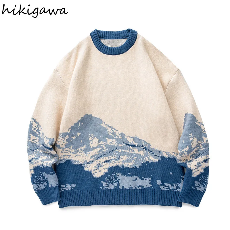 

Hikigawa Fall 2021 Women Clothing Knit Sweater Gradual Snow Mountain Print Oversized Outwear Pullover Fashion Sueter Tops Femme