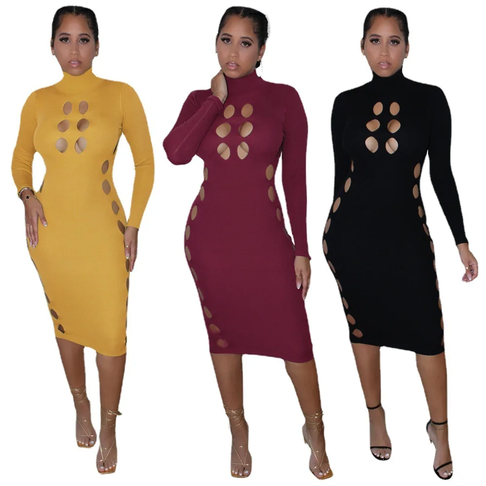 

Dresses for Women 2021 Fashion Turtleneck Hollow Out Long Sleeve Solid Color Stretch Slim Nightclub Sexy Bodycon Dress Wholesale