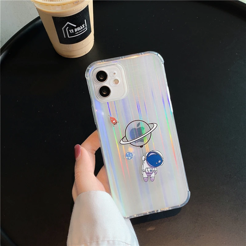 

For iPhone 11 12 Pro Max Astronaut Balloon Laser Paper Case For iPhone 7 8 Plus X XR XS Max SE 2020 Clear Shockproof Back Cover