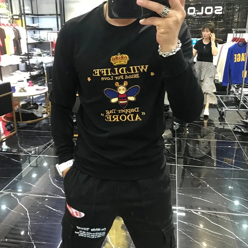 

Толстовка мужская зимняя с вышивкой, повседневный Модный пуловер с круглым вырезом, в стиле хип-хоп, с пчелами
