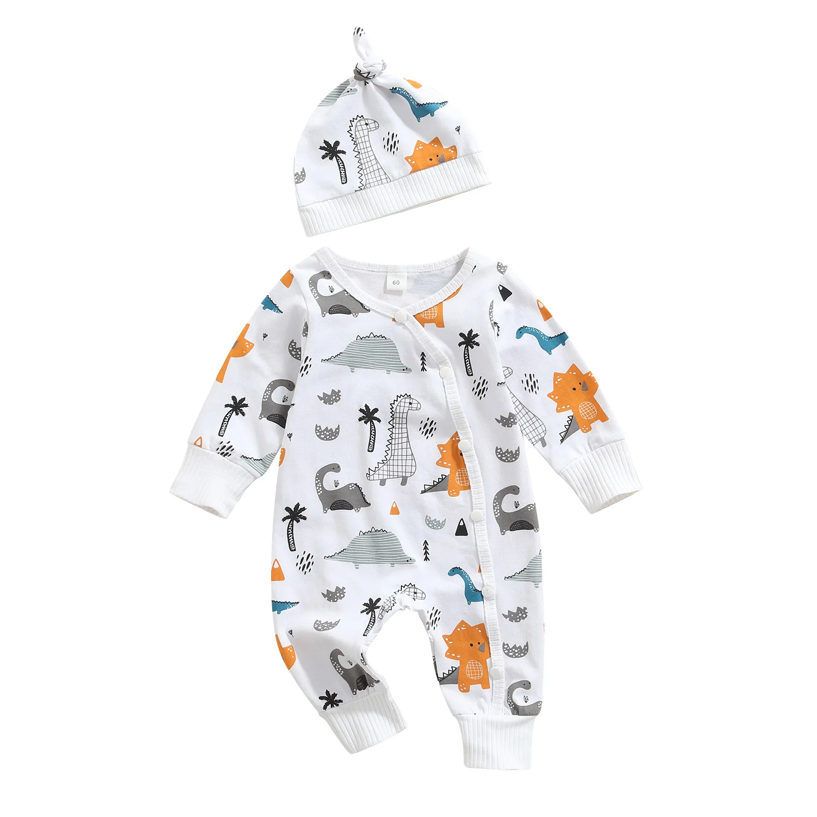 

Комбинезон Emmababy с длинным рукавом и шапкой для маленьких мальчиков, комбинезон с белым рисунком динозавра на пуговицах