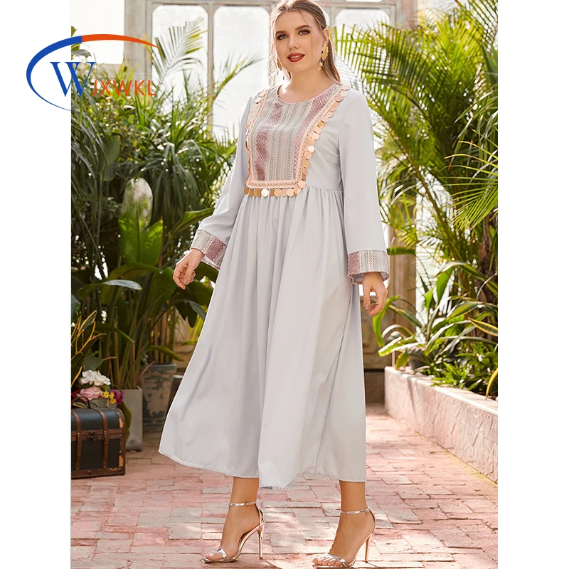

WJXWKL 2021 Large Size Women's Round Neck Long Sleeve Fashion Print Stitching Sequin Waist-Slimming Fashion Muslim Dress