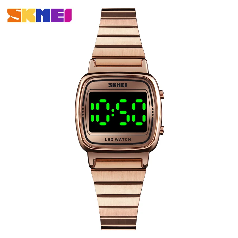 Rose gold SKMEI Ultra Thin Luxury Women's Silver Stainless Steel Watches Women Fashion LED Digital Dress Business Wrist watch Reloj Mujer - Цвет: Rose gold