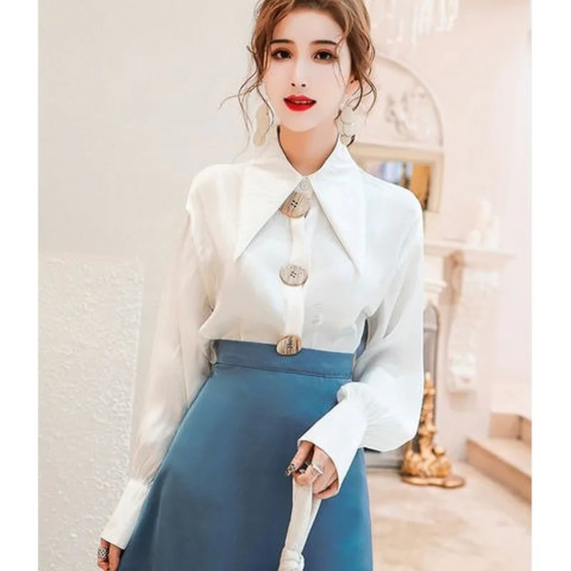 

2022 New Spring Fashion Women Blouse Shirts Lantern Sleeve Solid Single Breasted Button Chiffon Formal Female Casual Shirts B214